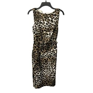 Cheetah Print Sheath Dress Sleeveless Midi Belt Ruched Waistline Cache Women’s 8